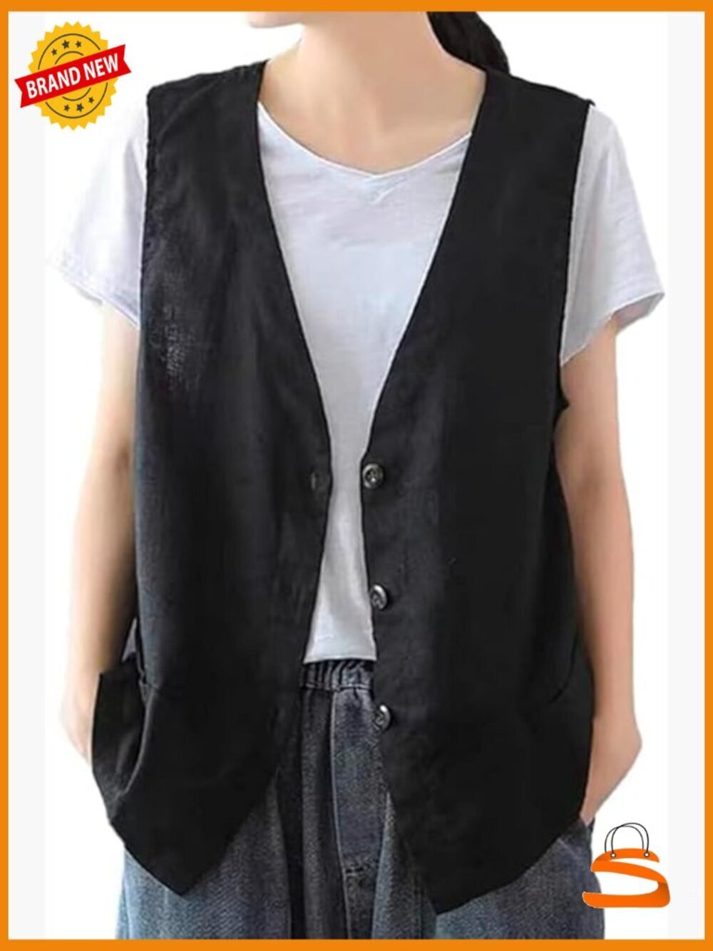 Casual Sleeveless Linen Blazer Women Vest Jacket Button Front